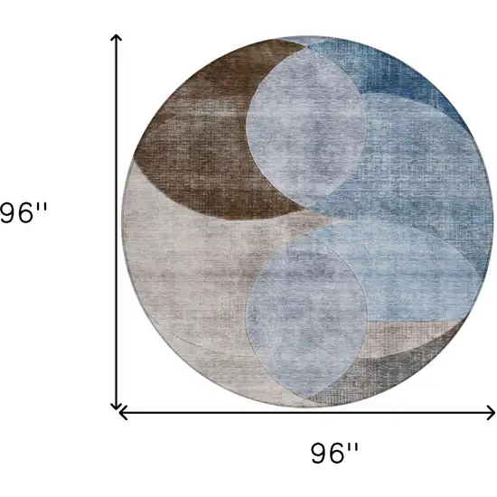 8' Denim Blue Brown And Beige Round Geometric Washable Indoor Outdoor Area Rug Photo 9