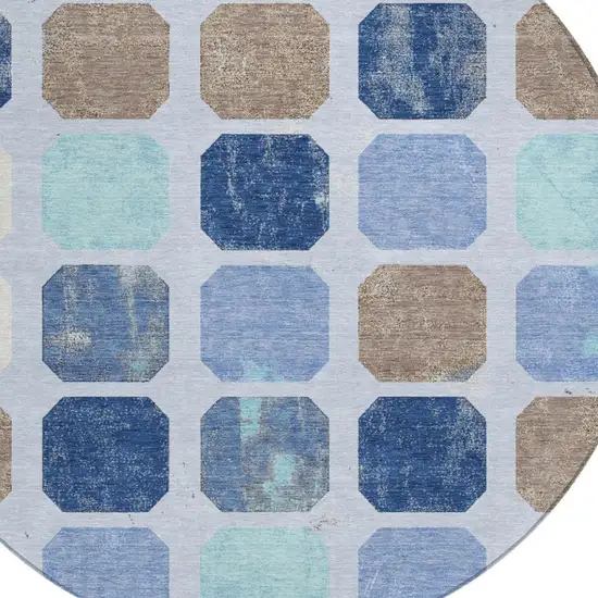 8' Denim Blue Brown And Sky Blue Round Geometric Washable Indoor Outdoor Area Rug Photo 4