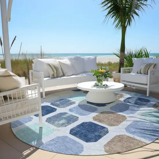 8' Denim Blue Brown And Sky Blue Round Geometric Washable Indoor Outdoor Area Rug Photo 5