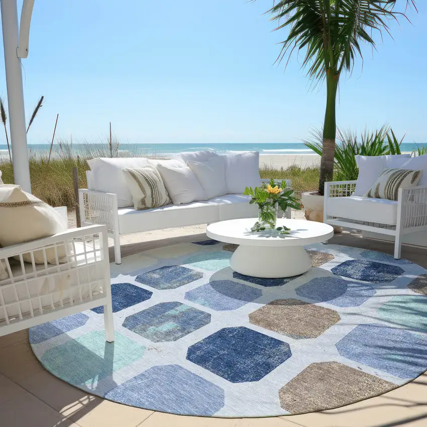 8' Denim Blue Brown And Sky Blue Round Geometric Washable Indoor Outdoor Area Rug Photo 5