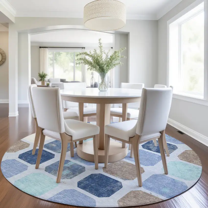 8' Denim Blue Brown And Sky Blue Round Geometric Washable Indoor Outdoor Area Rug Photo 6