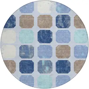 Photo of 8' Denim Blue Brown And Sky Blue Round Geometric Washable Indoor Outdoor Area Rug