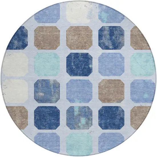 8' Denim Blue Brown And Sky Blue Round Geometric Washable Indoor Outdoor Area Rug Photo 1