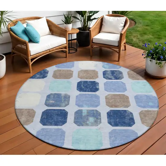 8' Denim Blue Brown And Sky Blue Round Geometric Washable Indoor Outdoor Area Rug Photo 2