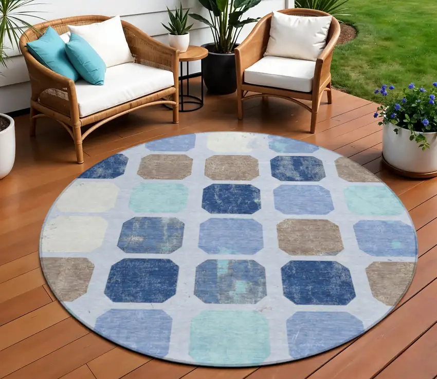 8' Denim Blue Brown And Sky Blue Round Geometric Washable Indoor Outdoor Area Rug Photo 2