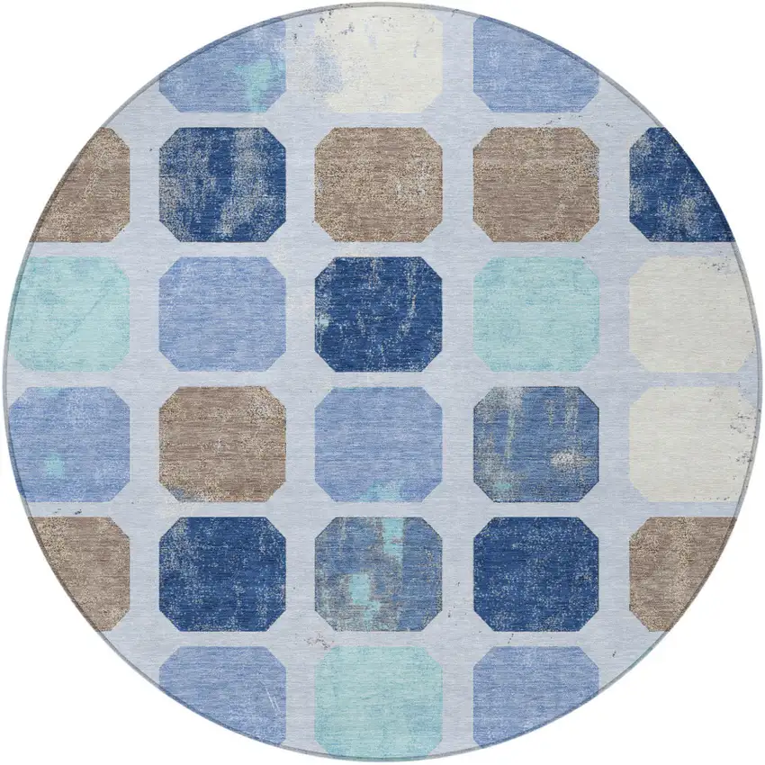 8' Denim Blue Brown And Sky Blue Round Geometric Washable Indoor Outdoor Area Rug Photo 3