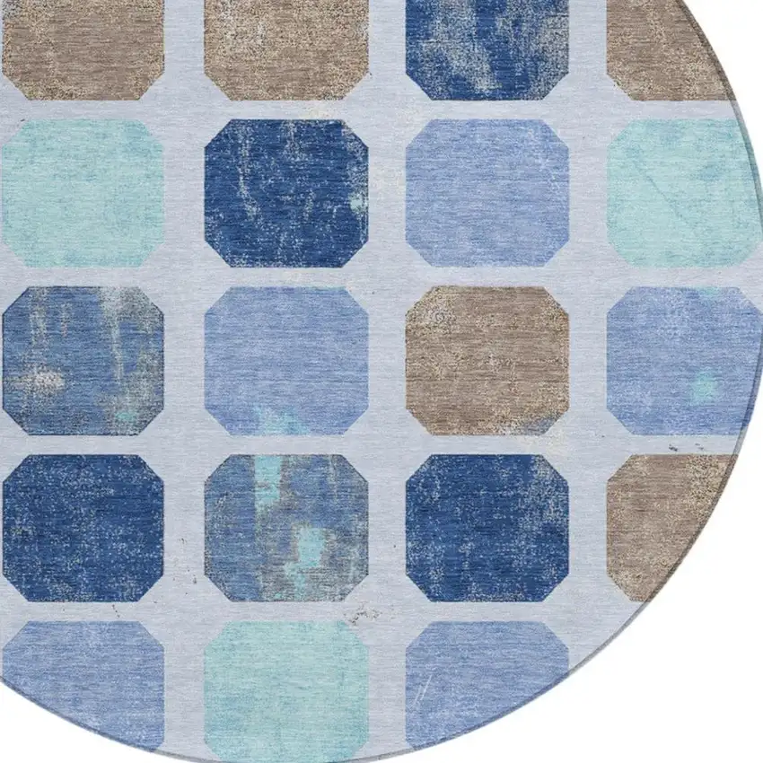 8' Denim Blue Brown And Sky Blue Round Geometric Washable Indoor Outdoor Area Rug Photo 9