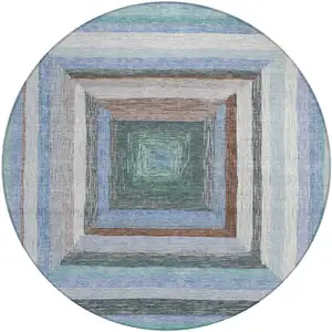 Photo of 8' Denim Blue Brown And Sky Blue Round Geometric Washable Indoor Outdoor Area Rug