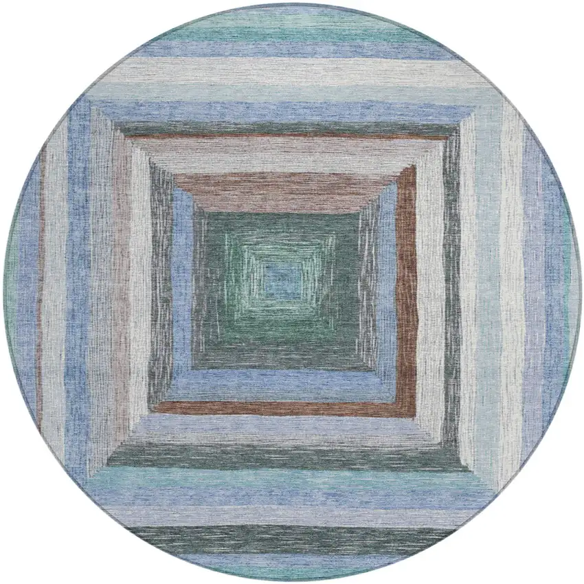 8' Denim Blue Brown And Sky Blue Round Geometric Washable Indoor Outdoor Area Rug Photo 1