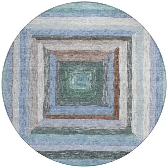 8' Denim Blue Brown And Sky Blue Round Geometric Washable Indoor Outdoor Area Rug Photo 3