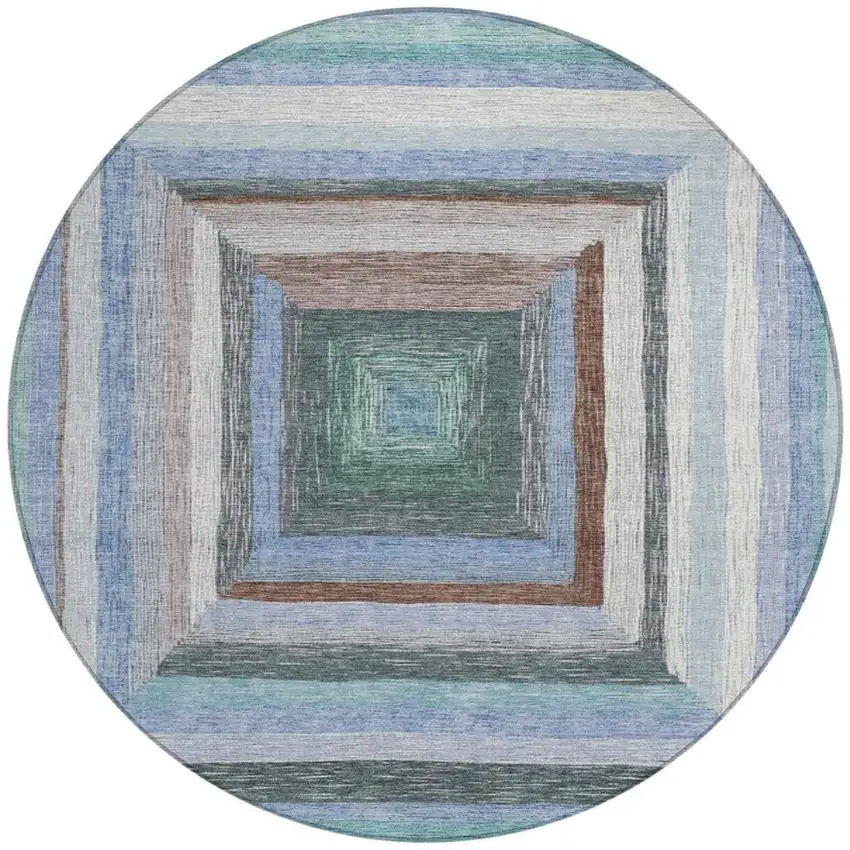 8' Denim Blue Brown And Sky Blue Round Geometric Washable Indoor Outdoor Area Rug Photo 3