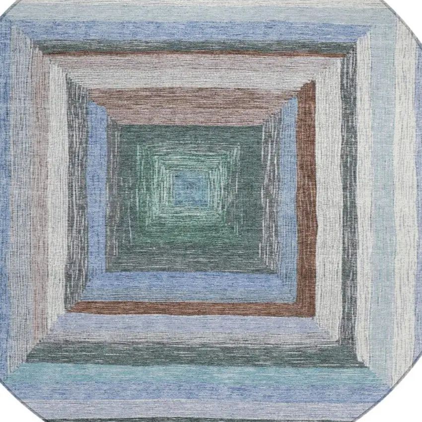 8' Denim Blue Brown And Sky Blue Round Geometric Washable Indoor Outdoor Area Rug Photo 9