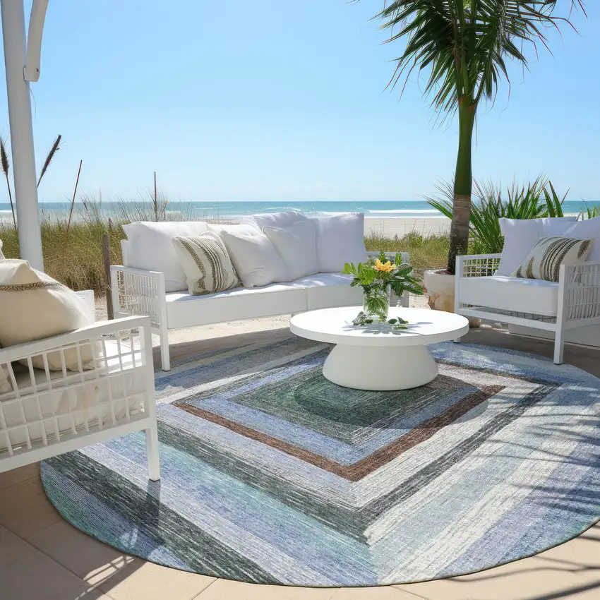 8' Denim Blue Brown And Sky Blue Round Geometric Washable Indoor Outdoor Area Rug Photo 5