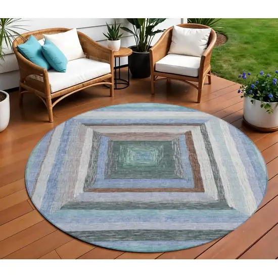 8' Denim Blue Brown And Sky Blue Round Geometric Washable Indoor Outdoor Area Rug Photo 2
