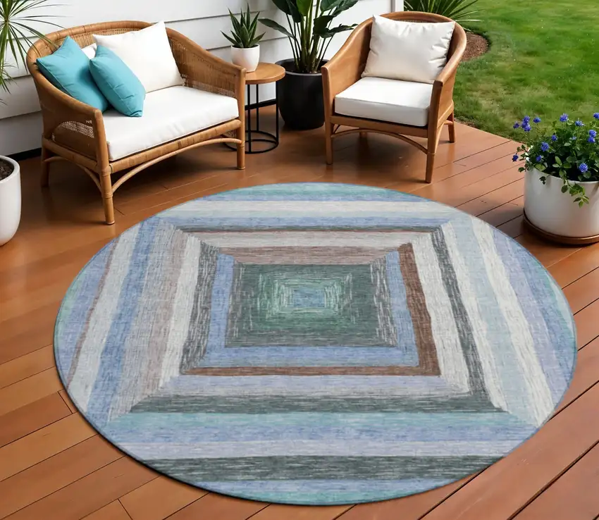 8' Denim Blue Brown And Sky Blue Round Geometric Washable Indoor Outdoor Area Rug Photo 2