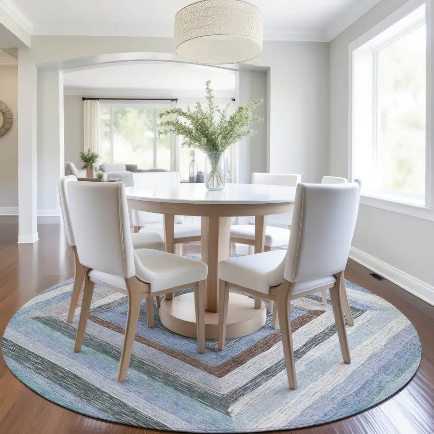 8' Denim Blue Brown And Sky Blue Round Geometric Washable Indoor Outdoor Area Rug Photo 6