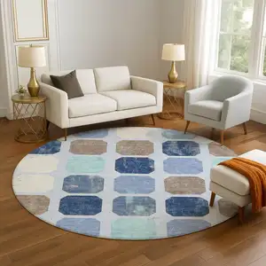 Photo of 8' Denim Blue Brown And Teal Geometric Washable Round Rug With UV Protection