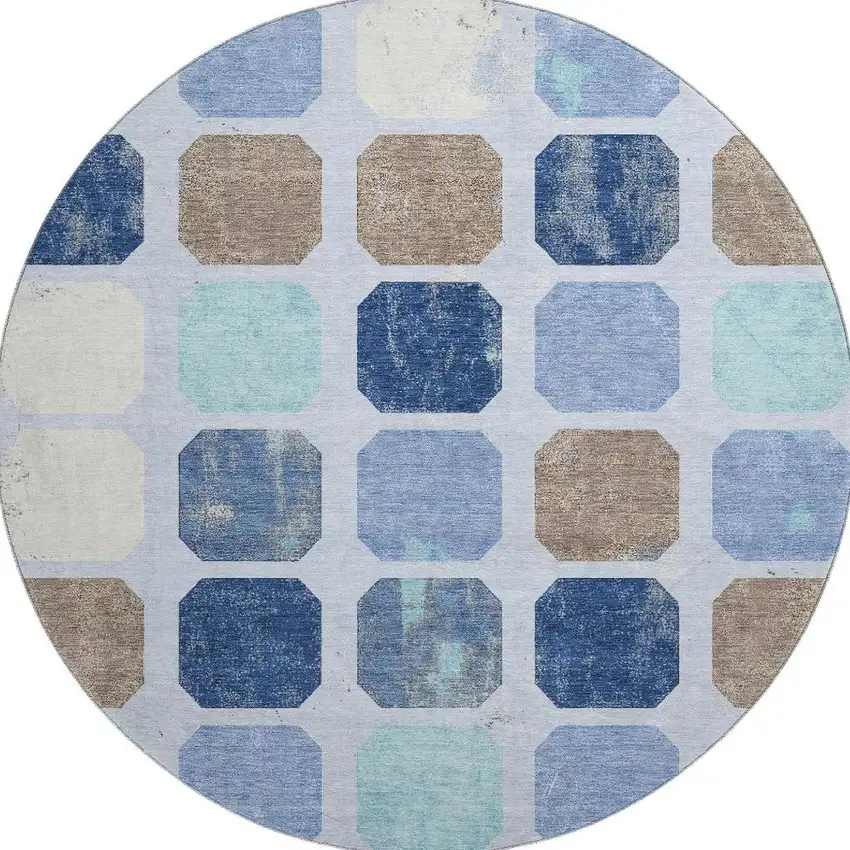 8' Denim Blue Brown And Teal Geometric Washable Round Rug With UV Protection Photo 4