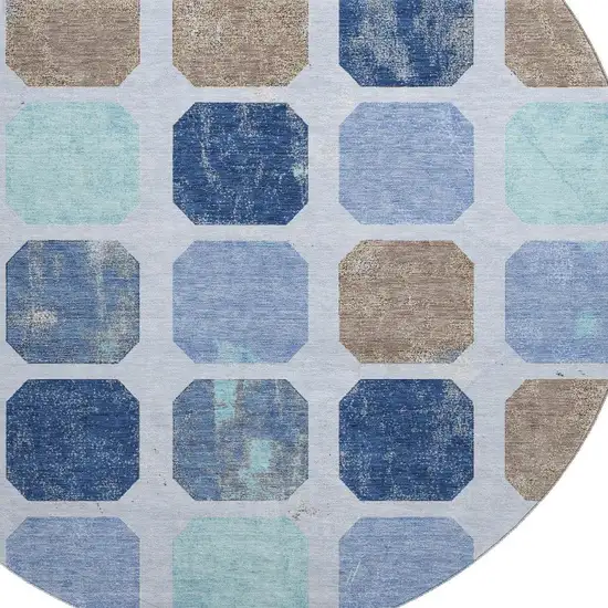 8' Denim Blue Brown And Teal Geometric Washable Round Rug With UV Protection Photo 3
