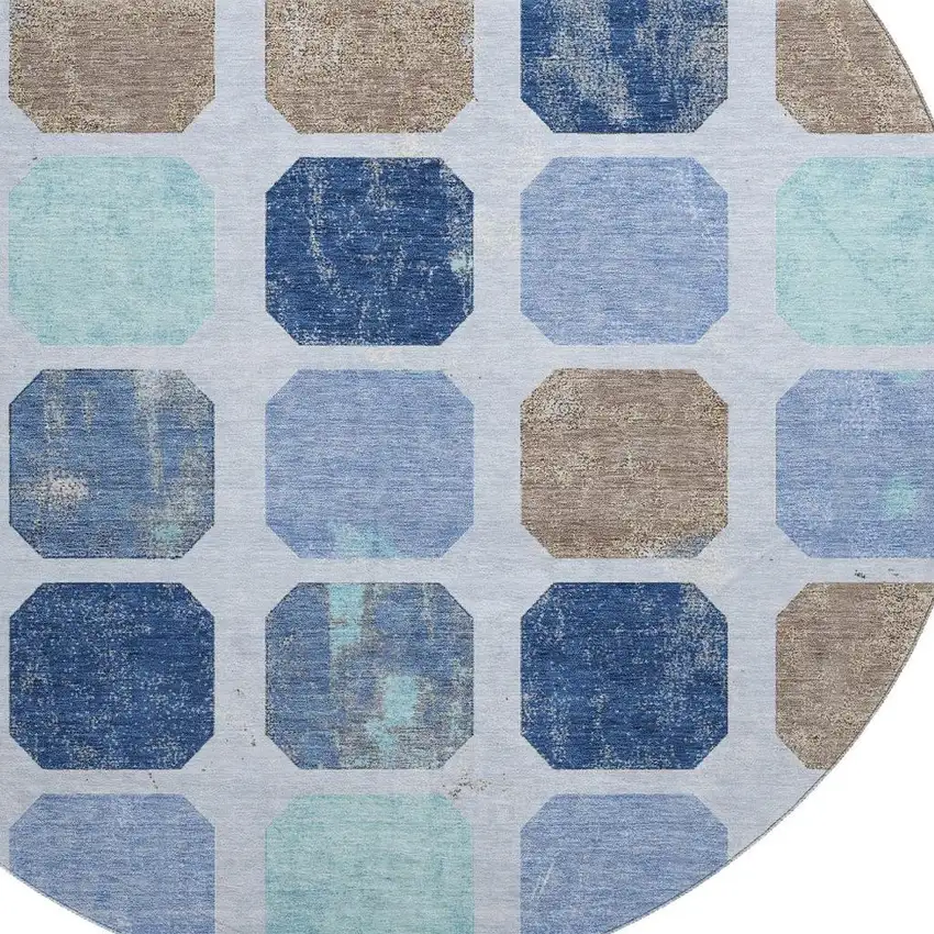 8' Denim Blue Brown And Teal Geometric Washable Round Rug With UV Protection Photo 3
