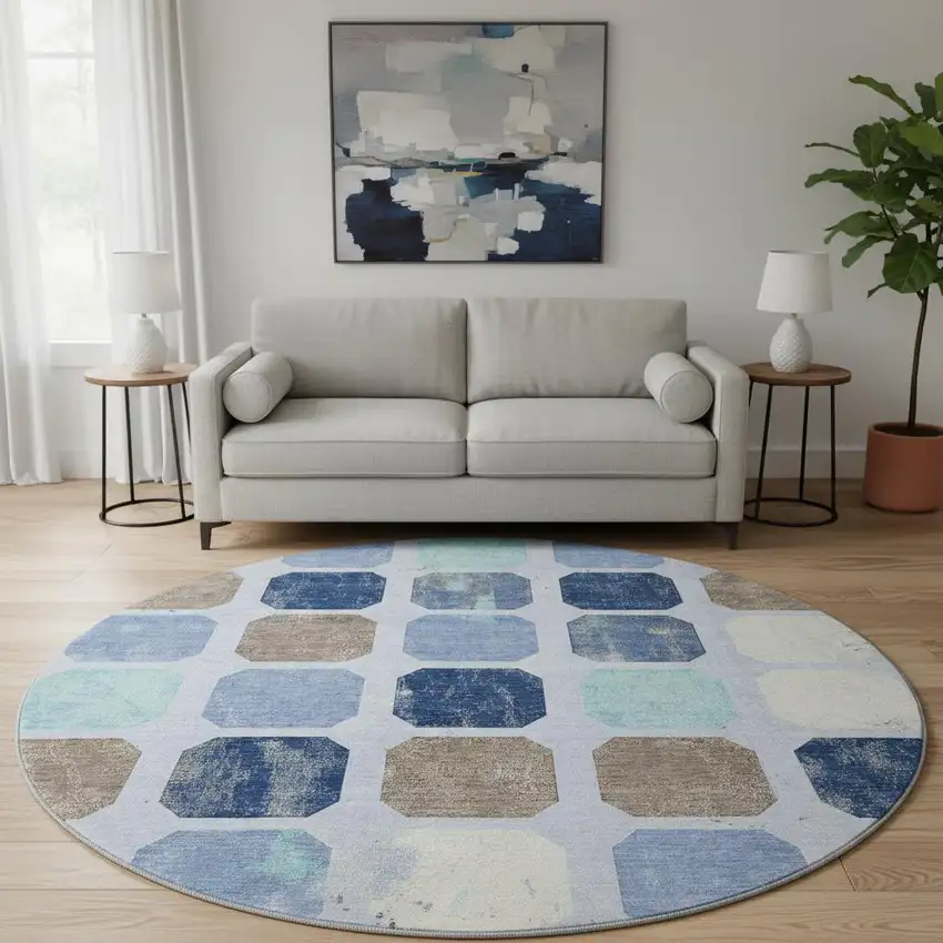 8' Denim Blue Brown And Teal Geometric Washable Round Rug With UV Protection Photo 1