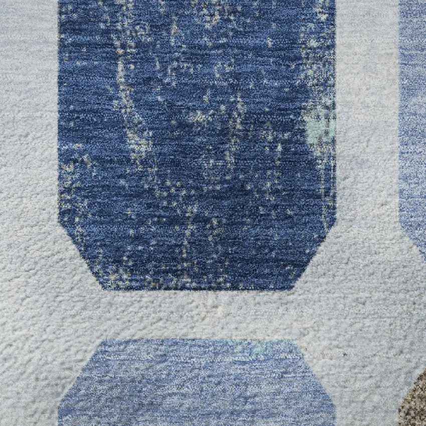 8' Denim Blue Brown And Teal Geometric Washable Round Rug With UV Protection Photo 9