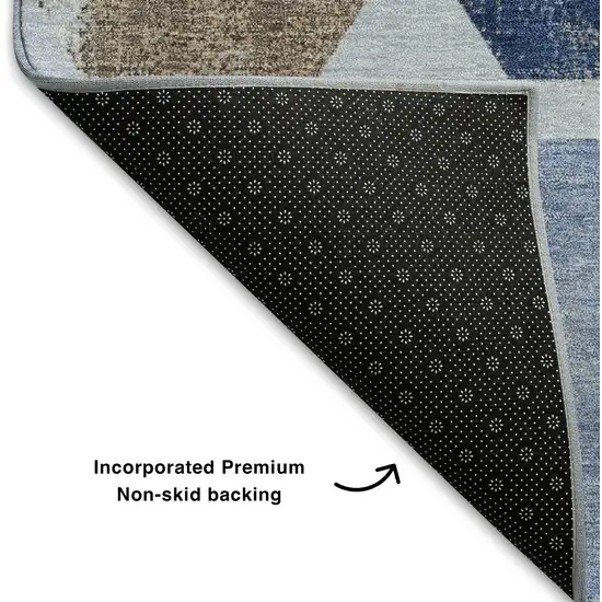 8' Denim Blue Brown And Teal Geometric Washable Round Rug With UV Protection Photo 6