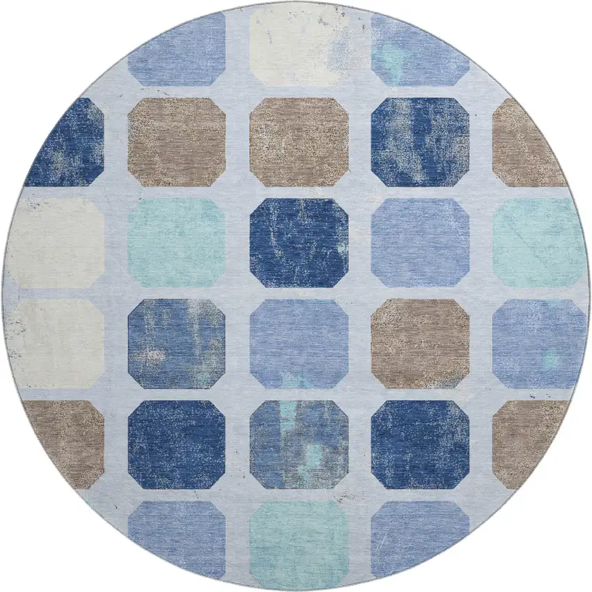 8' Denim Blue Brown And Teal Geometric Washable Round Rug With UV Protection Photo 1