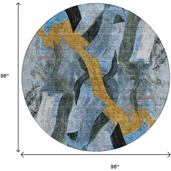 8' Denim Blue Charcoal And Gold Round Abstract Washable Indoor Outdoor Area Rug Photo 9