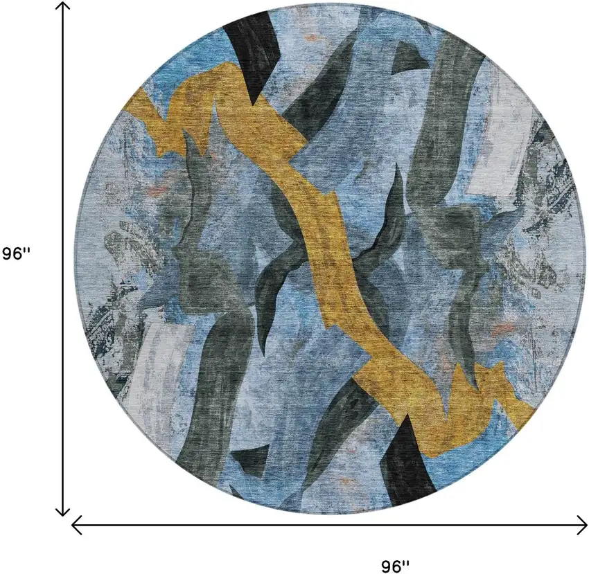 8' Denim Blue Charcoal And Gold Round Abstract Washable Indoor Outdoor Area Rug Photo 9