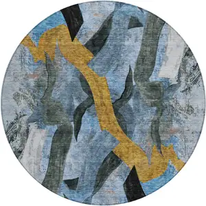 Photo of 8' Denim Blue Charcoal And Gold Round Abstract Washable Indoor Outdoor Area Rug