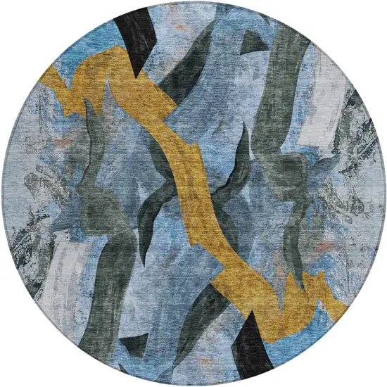 8' Denim Blue Charcoal And Gold Round Abstract Washable Indoor Outdoor Area Rug Photo 1