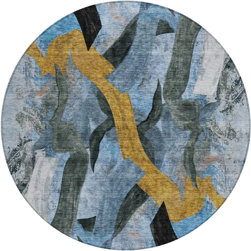 8' Denim Blue Charcoal And Gold Round Abstract Washable Indoor Outdoor Area Rug Photo 1