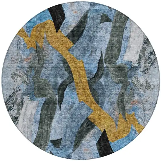 8' Denim Blue Charcoal And Gold Round Abstract Washable Indoor Outdoor Area Rug Photo 3