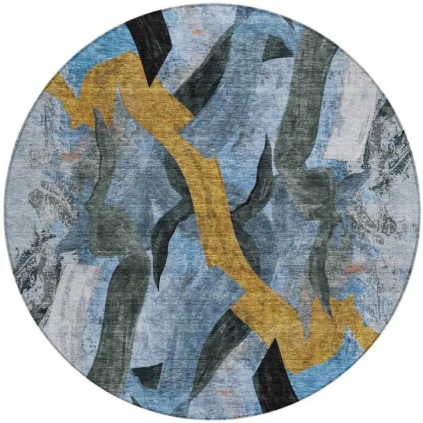 8' Denim Blue Charcoal And Gold Round Abstract Washable Indoor Outdoor Area Rug Photo 3