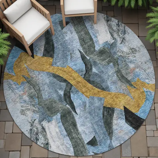 8' Denim Blue Charcoal And Gold Round Abstract Washable Indoor Outdoor Area Rug Photo 7