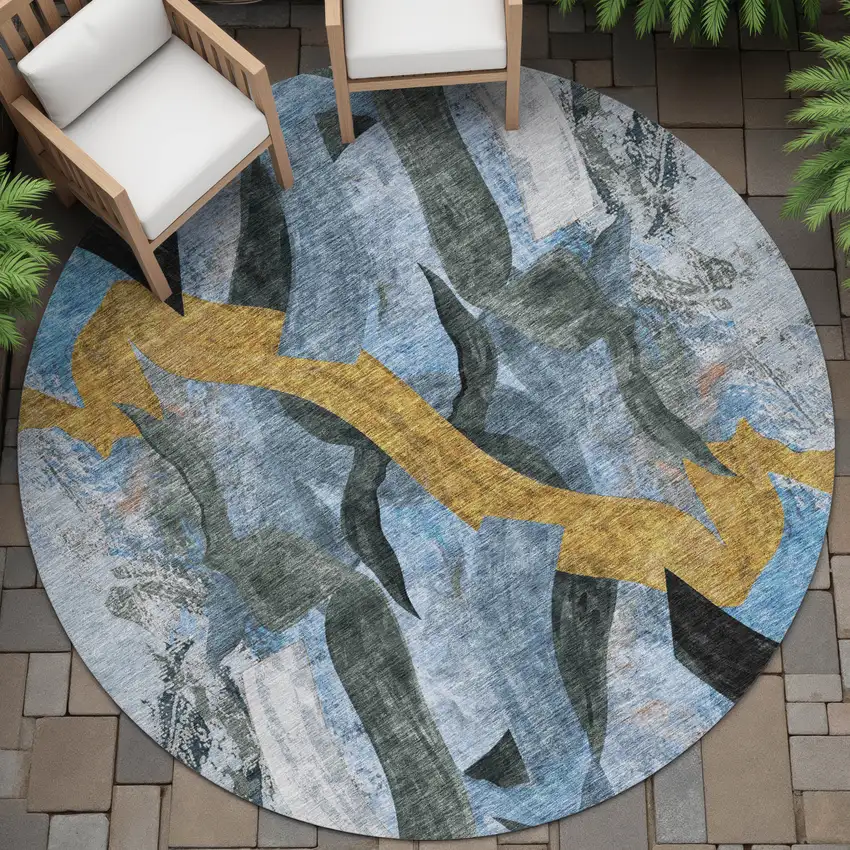 8' Denim Blue Charcoal And Gold Round Abstract Washable Indoor Outdoor Area Rug Photo 7