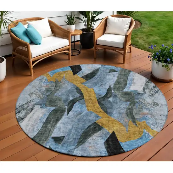8' Denim Blue Charcoal And Gold Round Abstract Washable Indoor Outdoor Area Rug Photo 2
