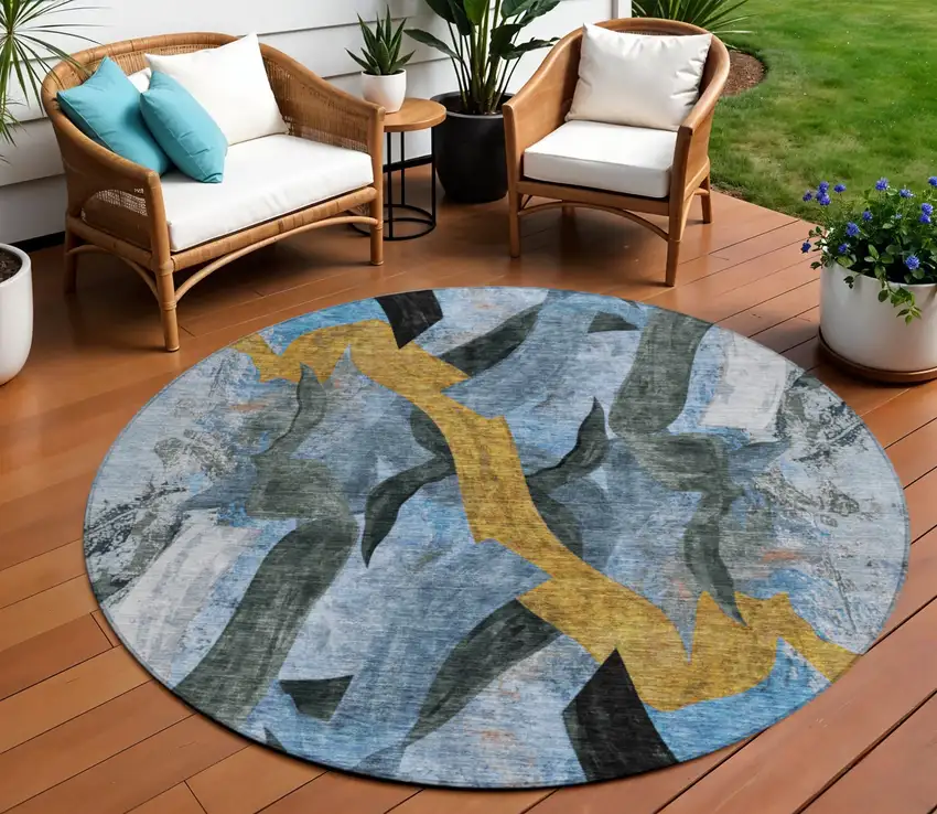 8' Denim Blue Charcoal And Gold Round Abstract Washable Indoor Outdoor Area Rug Photo 2
