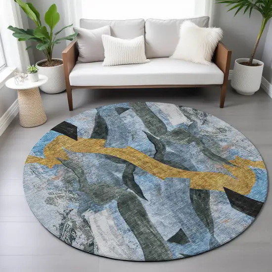 8' Denim Blue Charcoal And Gold Round Abstract Washable Indoor Outdoor Area Rug Photo 8
