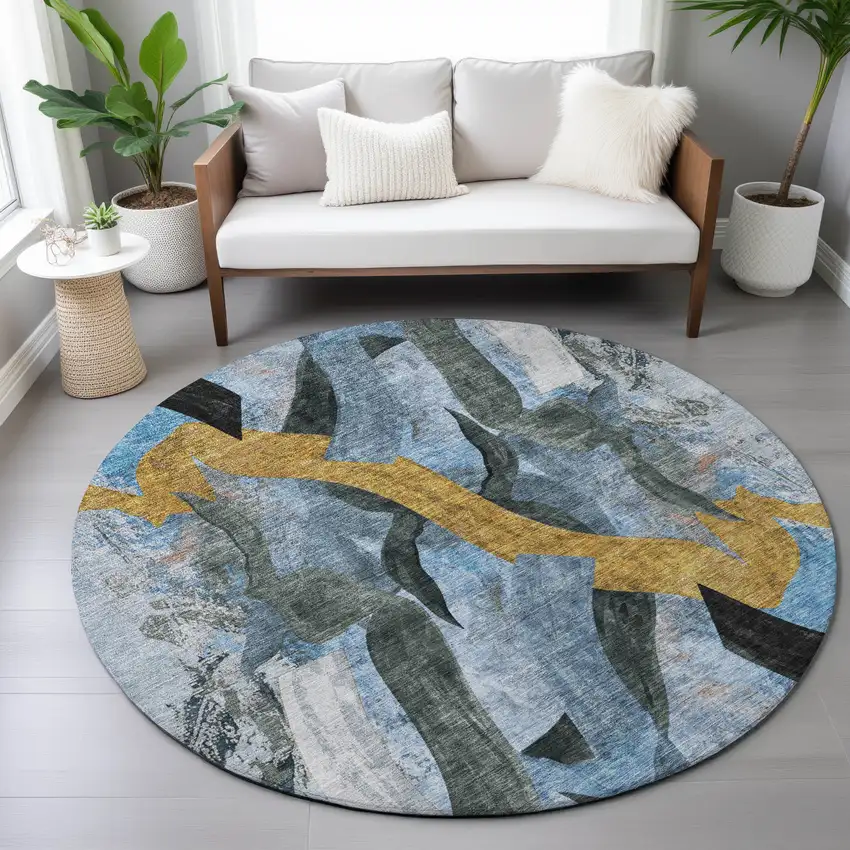 8' Denim Blue Charcoal And Gold Round Abstract Washable Indoor Outdoor Area Rug Photo 8