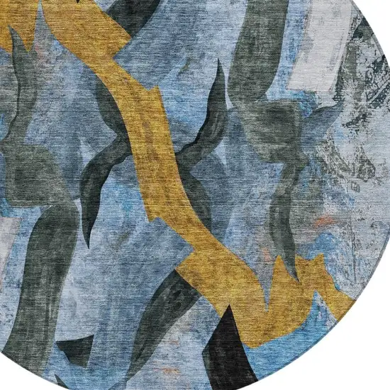 8' Denim Blue Charcoal And Gold Round Abstract Washable Indoor Outdoor Area Rug Photo 5