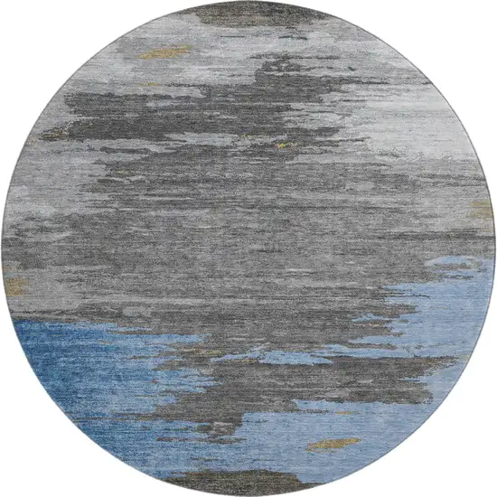 8' Denim Blue Charcoal And Gray Abstract Washable Round Rug With UV Protection Photo 1