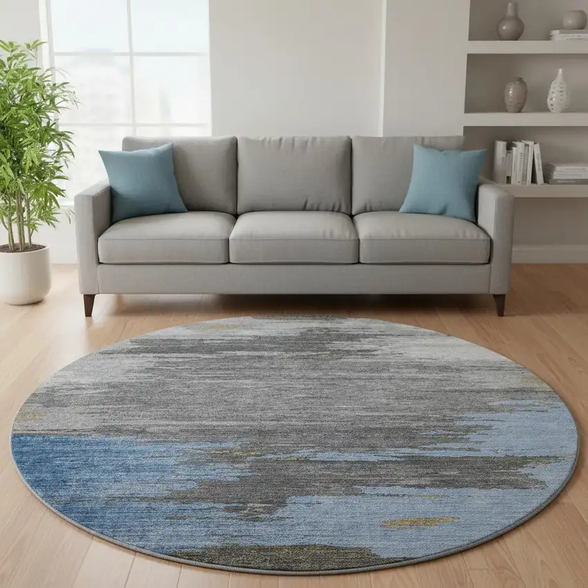 8' Denim Blue Charcoal And Gray Abstract Washable Round Rug With UV Protection Photo 2