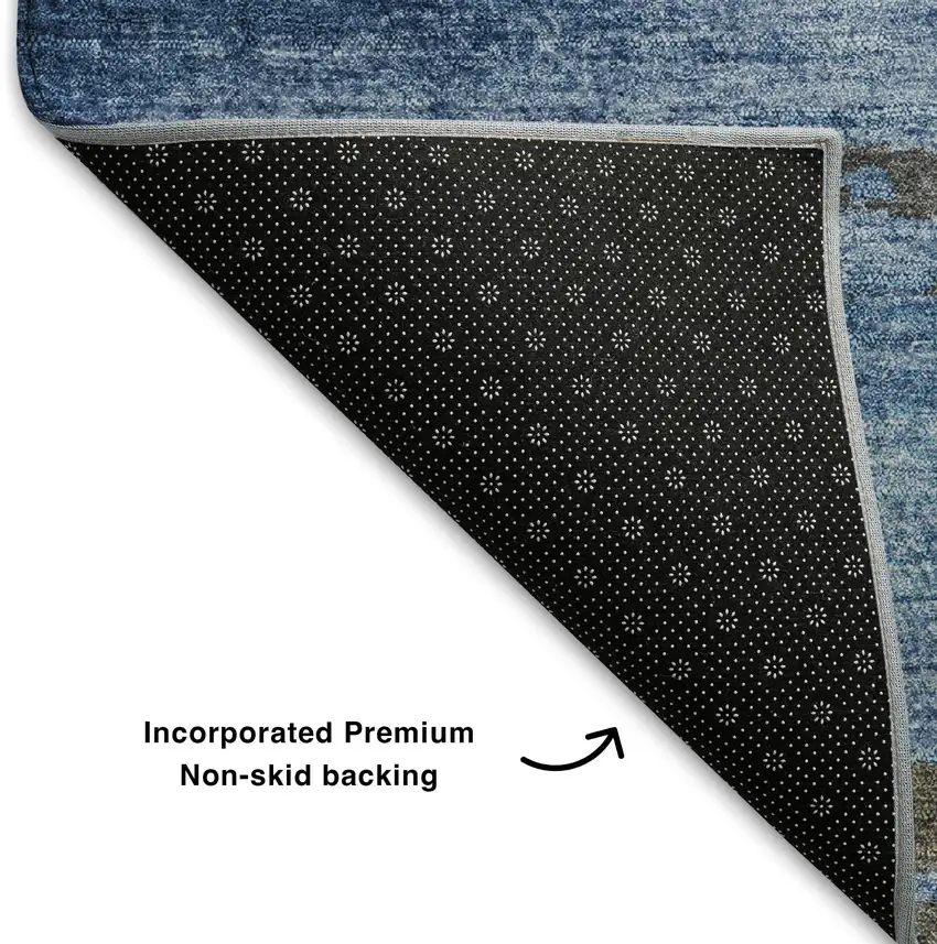 8' Denim Blue Charcoal And Gray Abstract Washable Round Rug With UV Protection Photo 6