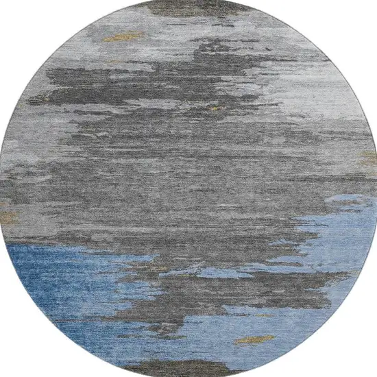 8' Denim Blue Charcoal And Gray Abstract Washable Round Rug With UV Protection Photo 4