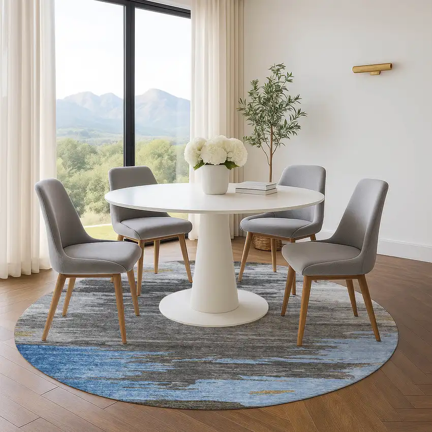 8' Denim Blue Charcoal And Gray Abstract Washable Round Rug With UV Protection Photo 5