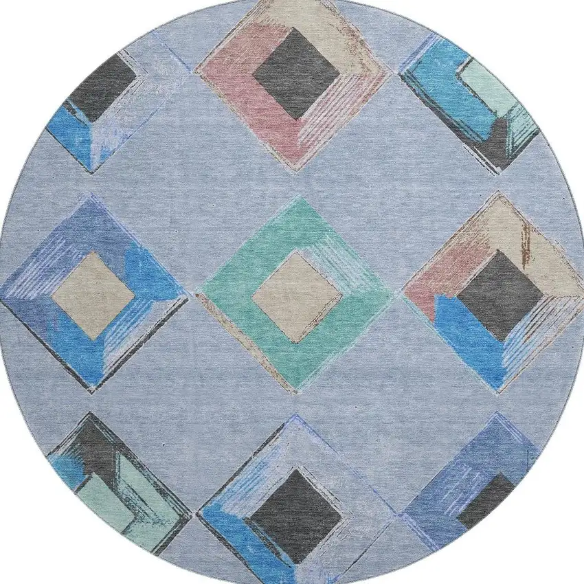 8' Denim Blue Charcoal And Mauve Geometric Washable Round Rug With UV Protection Photo 4