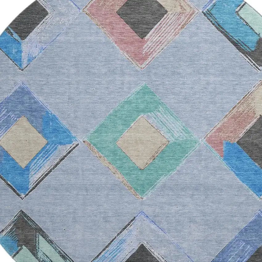 8' Denim Blue Charcoal And Mauve Geometric Washable Round Rug With UV Protection Photo 3