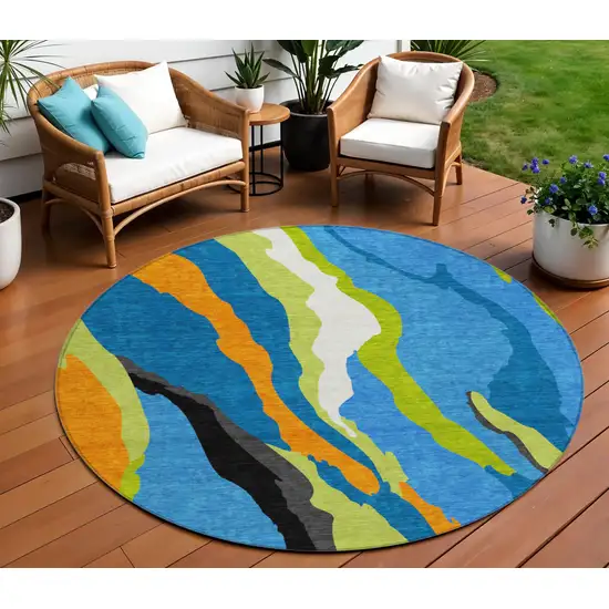 8' Denim Blue Copper And Green Round Abstract Washable Indoor Outdoor Area Rug Photo 1